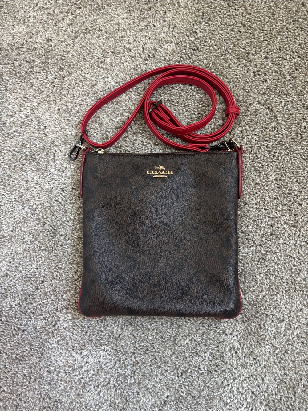 Coach Signature North/South Crossbody in Brown with Red Trim